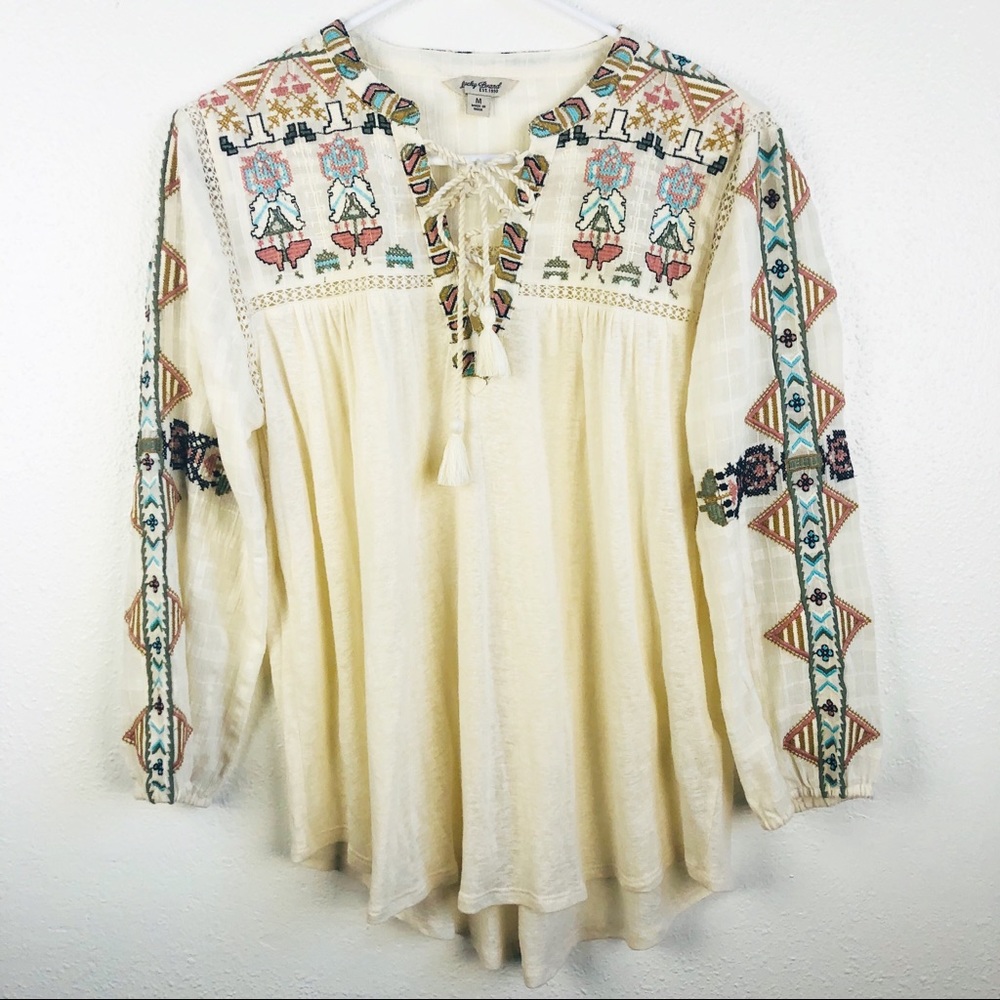 Lucky Brand | Ivory Embroidered Boho Tor Neck Top